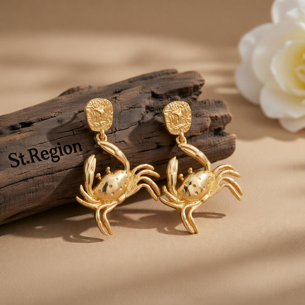 Goldtone Crab Dangle Earrings, gold drop earrings for women, vintage-inspired design, front view