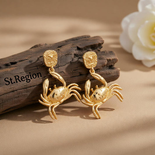 Goldtone Crab Dangle Earrings, gold drop earrings for women, vintage-inspired design, front view