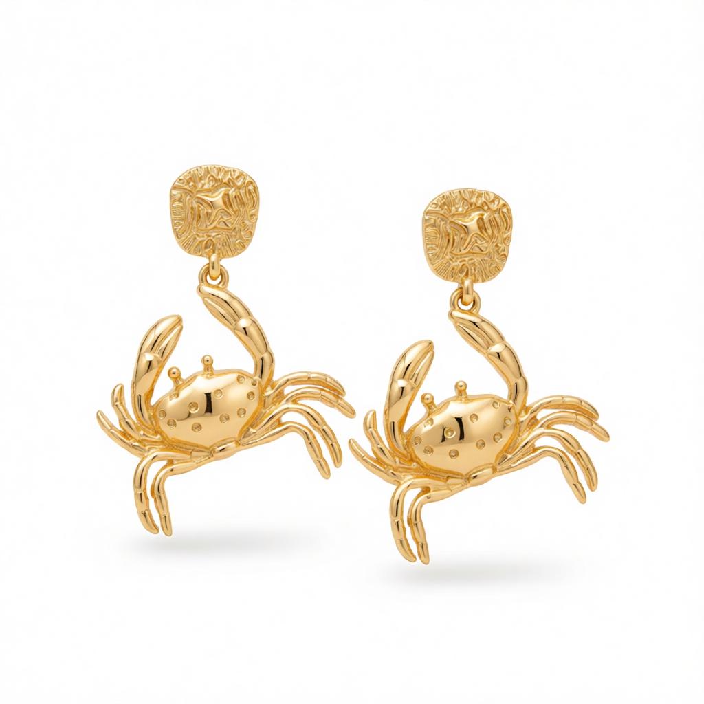 Goldtone Crab Dangle Earrings, gold drop earrings for women, vintage-inspired design, side view