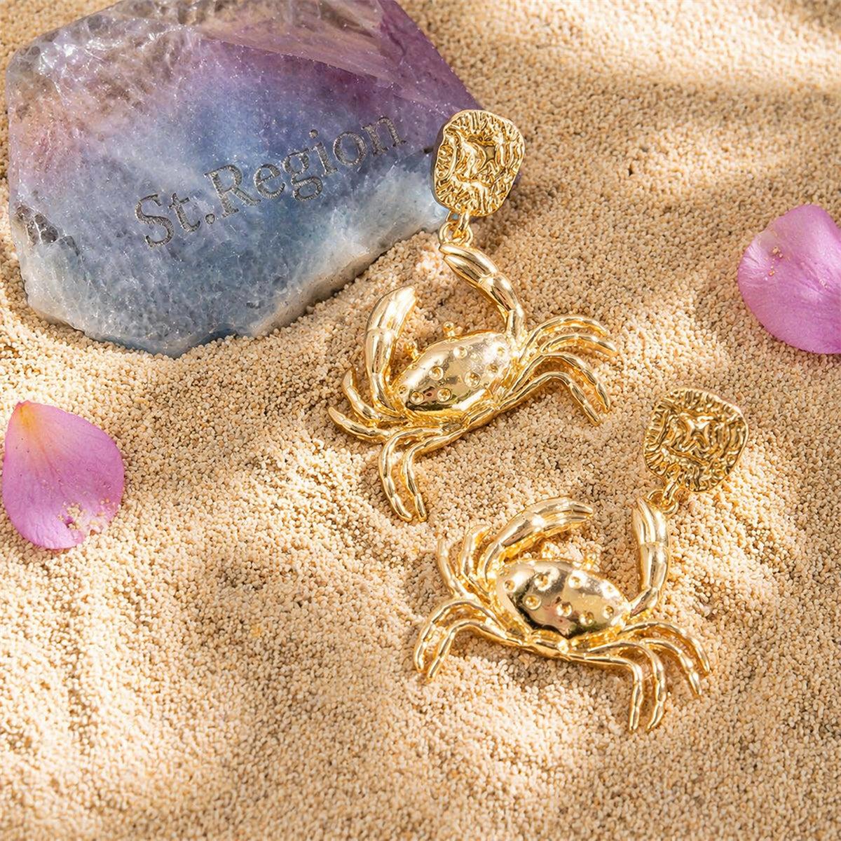 Goldtone Crab Dangle Earrings, gold drop earrings for women, vintage-inspired design, detail close-up