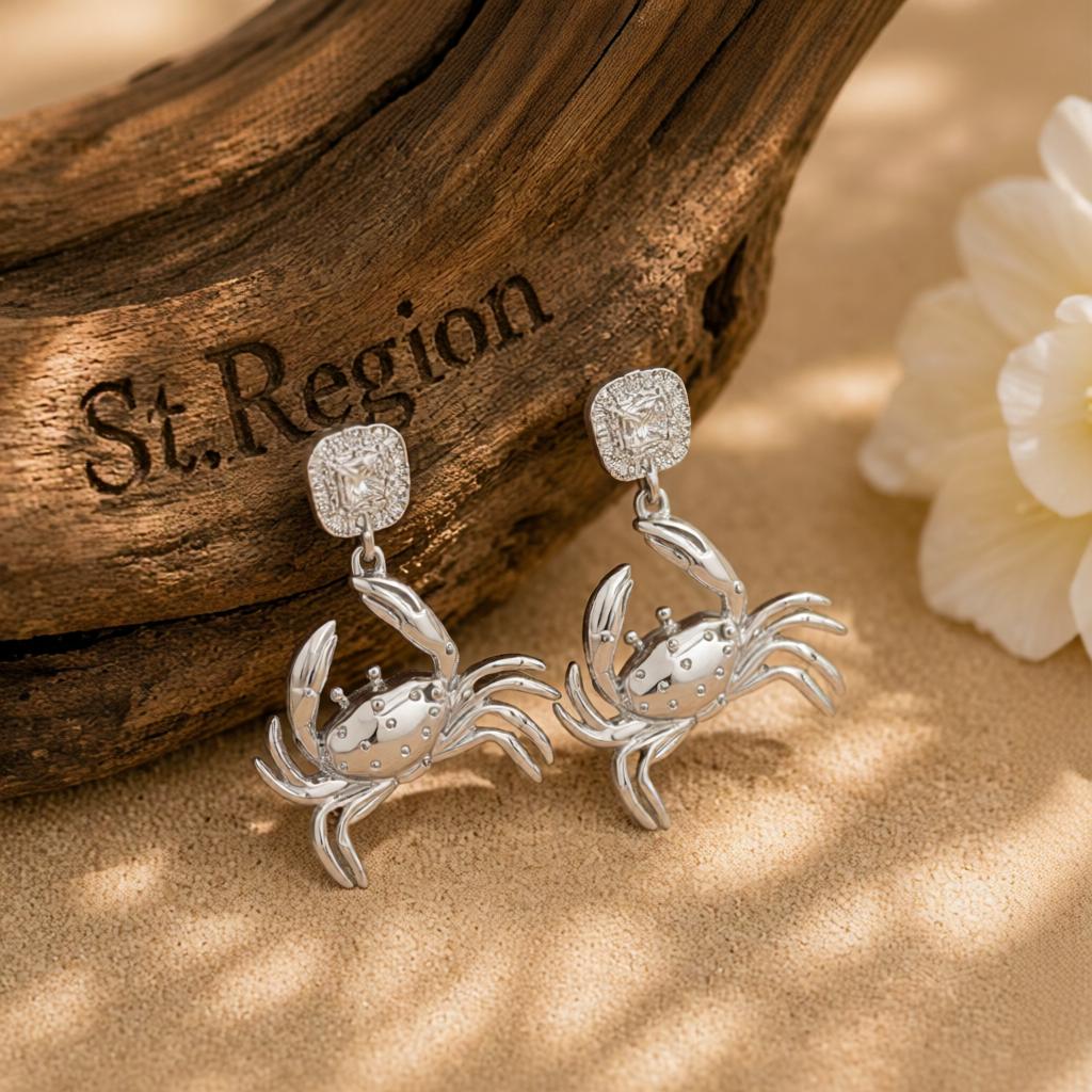 Silvertone Crab Dangle Earrings, silver drop earrings for women, elegant gift for her, front view
