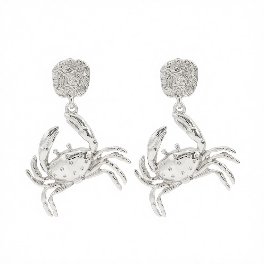 Silvertone Crab Dangle Earrings, silver drop earrings for women, elegant gift for her, side view