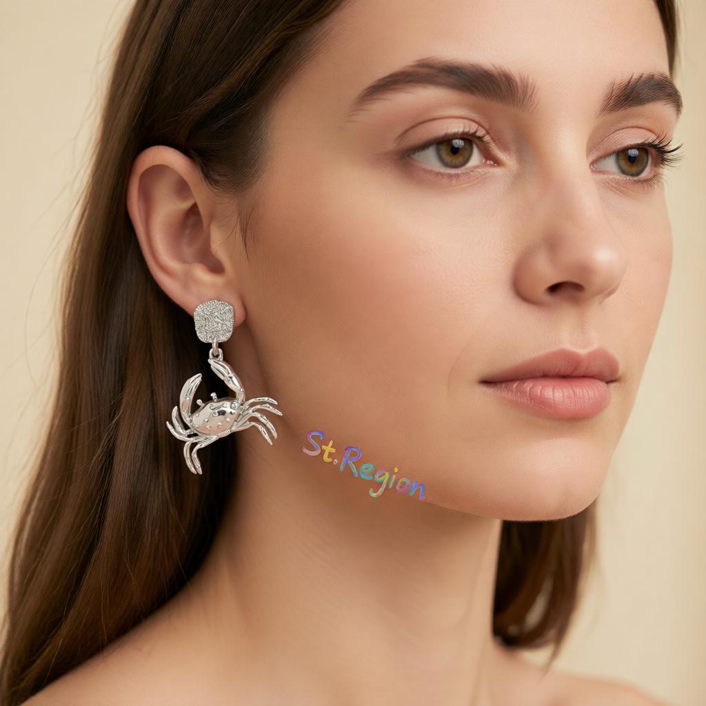Silvertone Crab Dangle Earrings, silver drop earrings for women, elegant gift for her, styled look