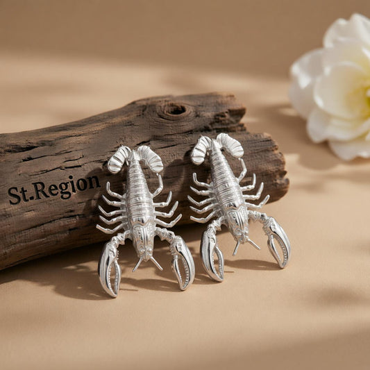 Silvertone Lobster Dangle Earrings, silver drop earrings for women, vintage-inspired design, front view