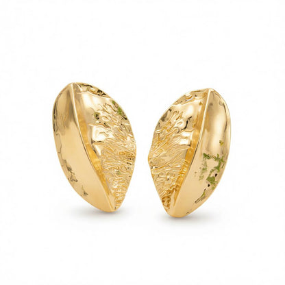 Goldtone Textured Pear Stud Earrings, cubic zirconia stud earrings for women, botanical inspired, side view
