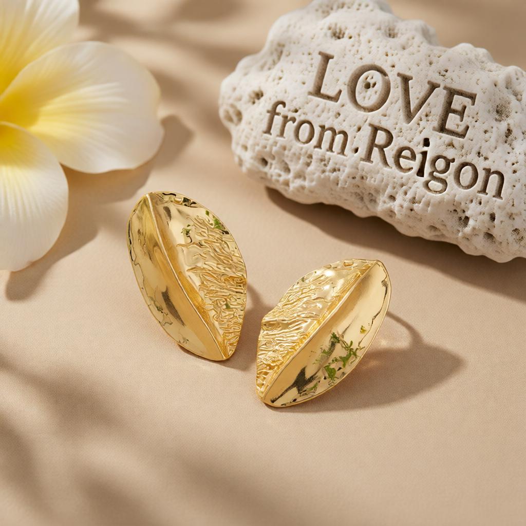 Goldtone Textured Pear Stud Earrings, cubic zirconia stud earrings for women, botanical inspired, lifestyle look