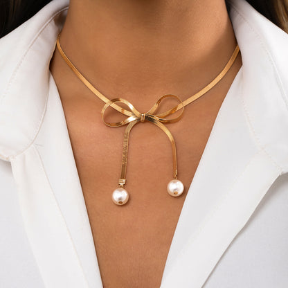 Pearl and 18K Gold-Plated Bow Choker Necklace, gold pendant necklace for women, dainty minimalist design, styled look