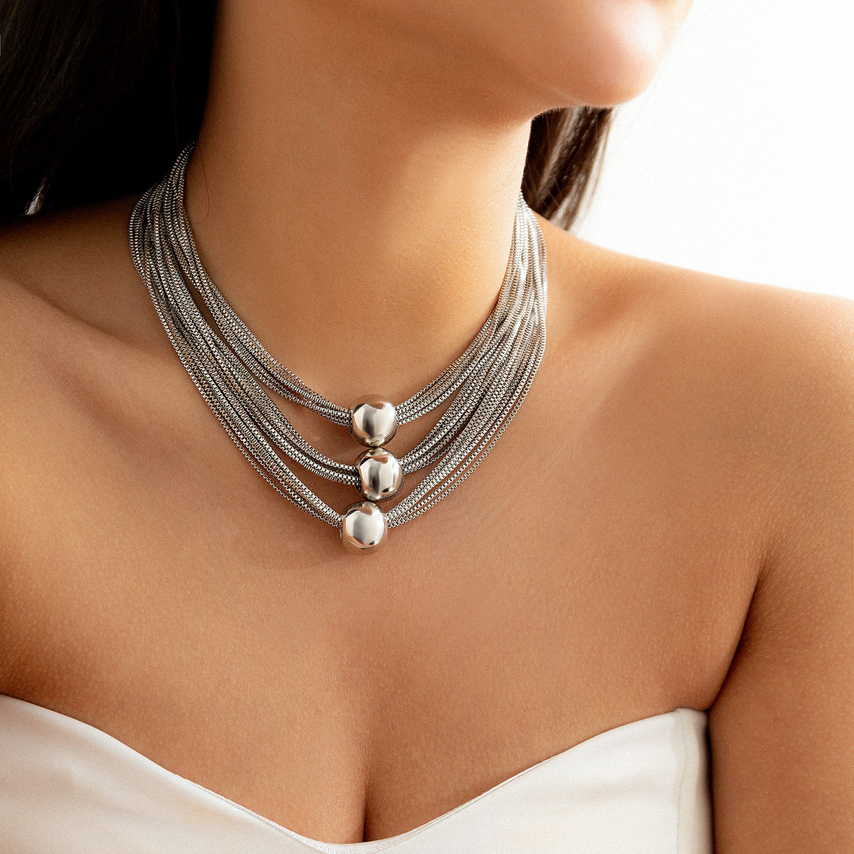 Silver-Plated Ball Layered Choker Necklace, silver pendant necklace for women, elegant gift for her, side view