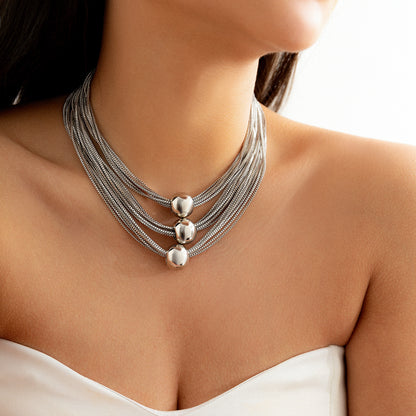 Silver-Plated Ball Layered Choker Necklace, silver pendant necklace for women, elegant gift for her, side view