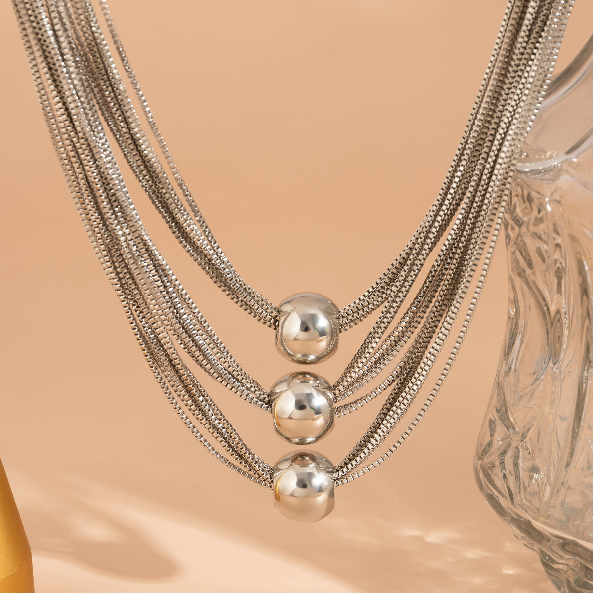 Silver-Plated Ball Layered Choker Necklace, silver pendant necklace for women, elegant gift for her, detail close-up