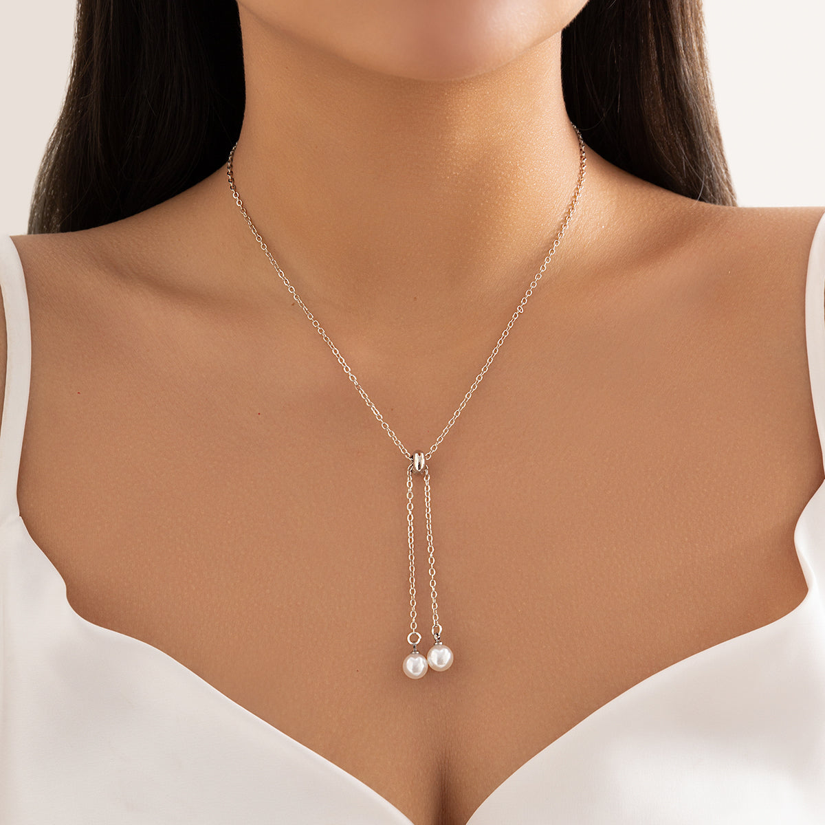Pearl and Silver-Plated Two-Drop Lariat Pendant Necklace, silver pendant necklace for women, elegant gift for her, front view