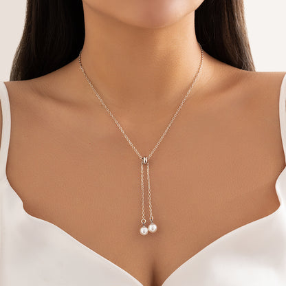 Pearl and Silver-Plated Two-Drop Lariat Pendant Necklace, silver pendant necklace for women, elegant gift for her, front view
