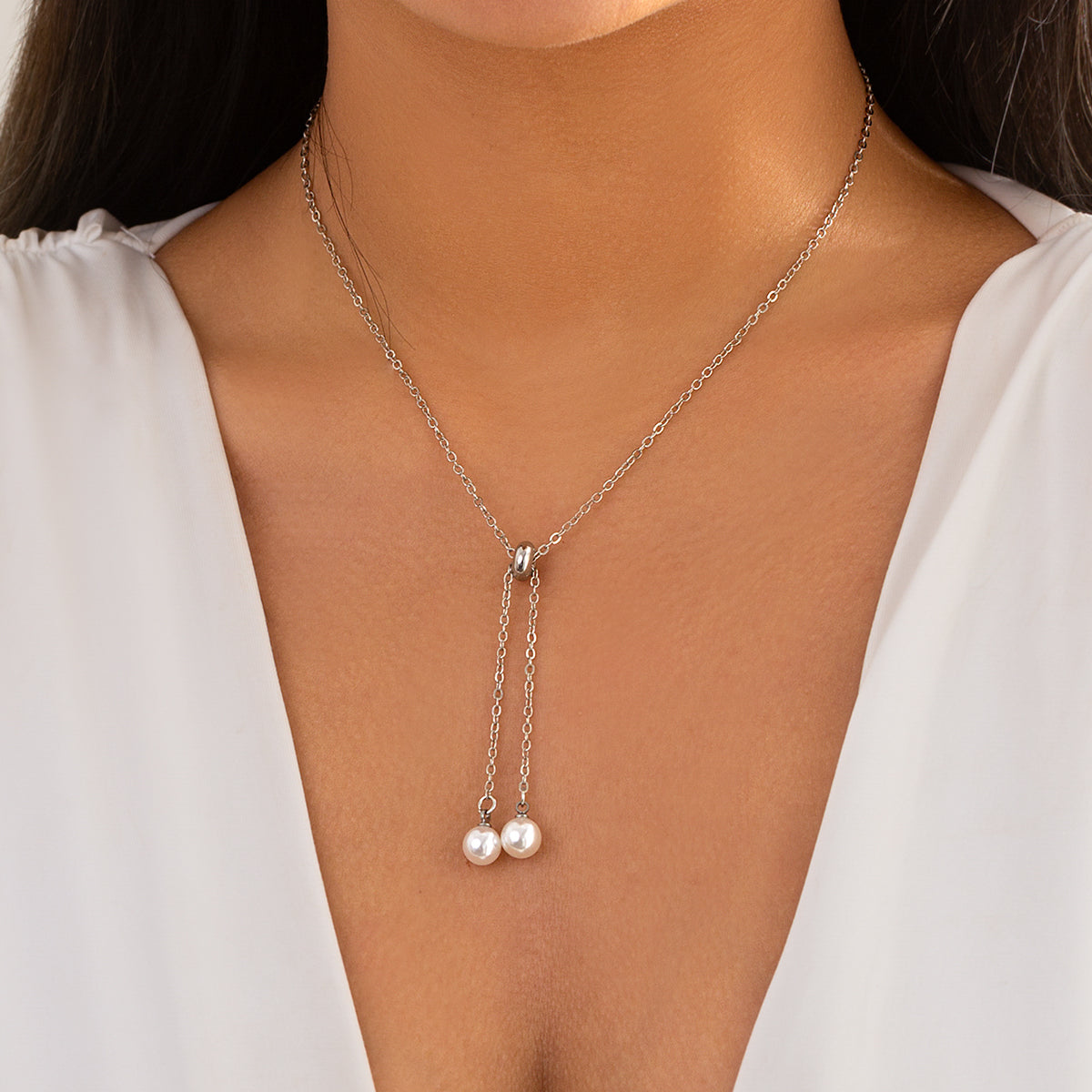 Pearl and Silver-Plated Two-Drop Lariat Pendant Necklace, silver pendant necklace for women, elegant gift for her, side view