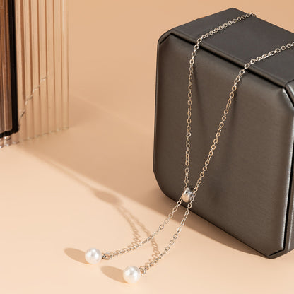 Pearl and Silver-Plated Two-Drop Lariat Pendant Necklace, silver pendant necklace for women, detail close-up