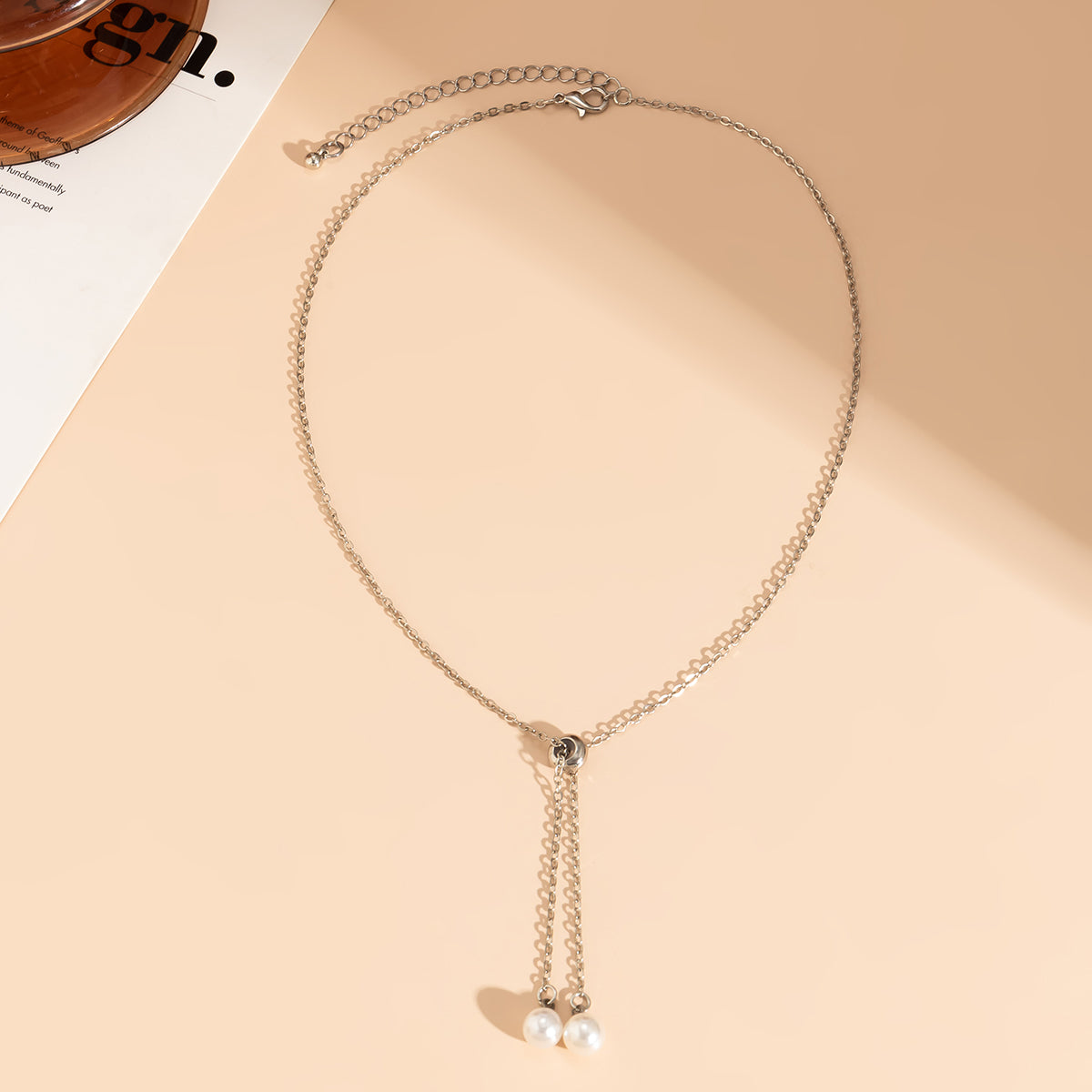 Pearl and Silver-Plated Two-Drop Lariat Pendant Necklace, silver pendant necklace for women, lifestyle look