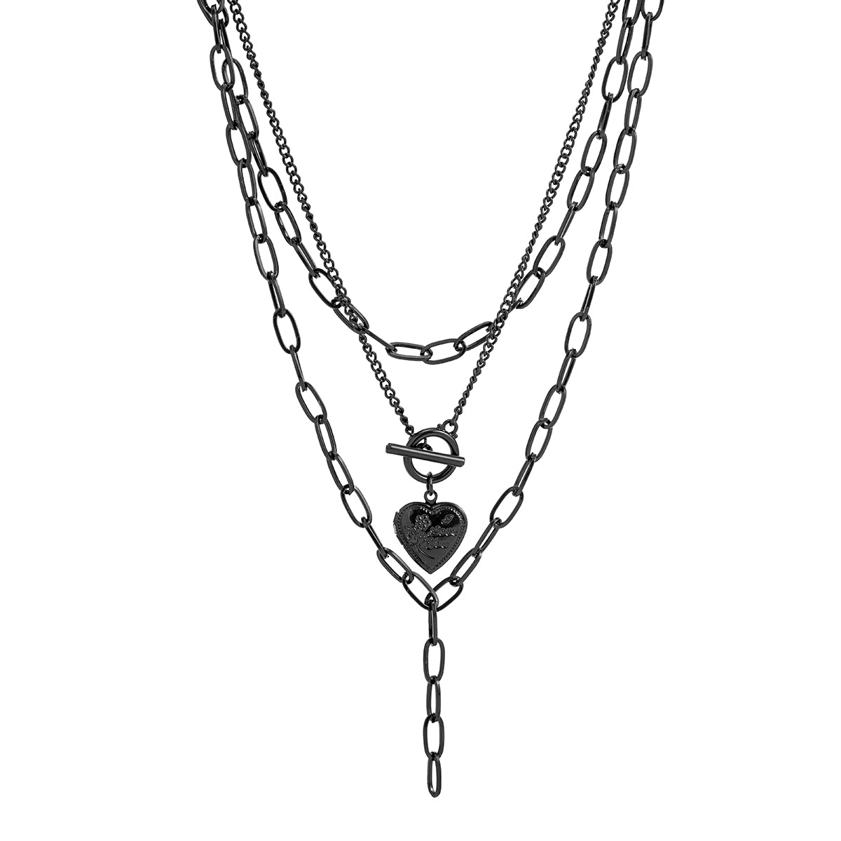Black Rose Heart Pendant Layered Necklace, pendant necklace for women, vintage-inspired design, detail close-up