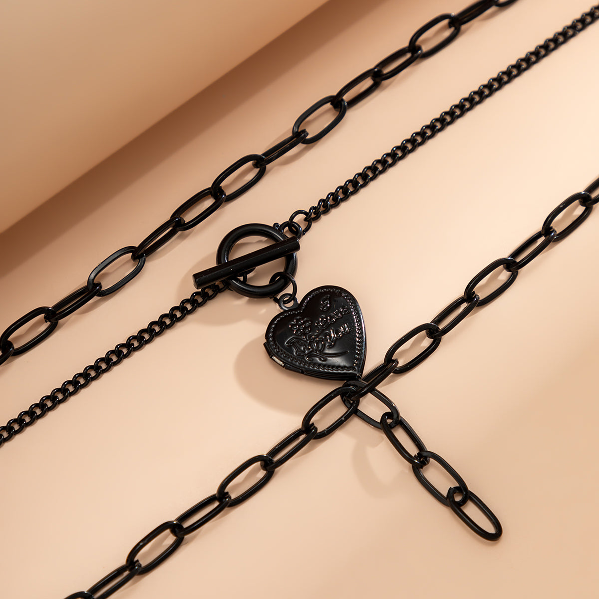 Black Rose Heart Pendant Layered Necklace, pendant necklace for women, vintage-inspired design, styled look