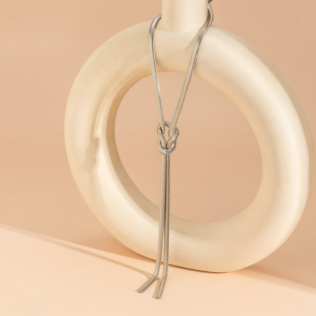 Silver-Plated Herringbone Chain Knot Lariat Necklace, silver pendant necklace for women, lifestyle look