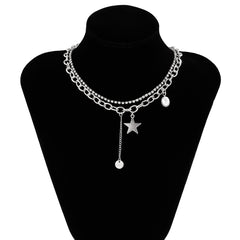 Cubic Zirconia & Pearl Silver-Plated Star Drop Layered Necklace