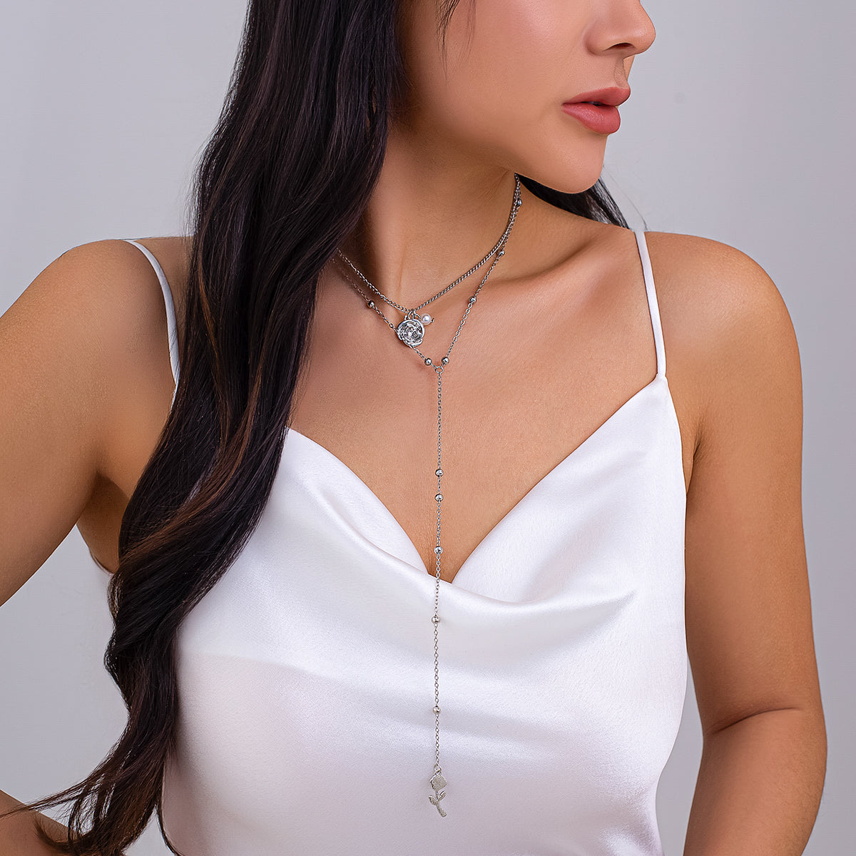 Pearl and Silvertone Rose Drop Layered Necklace, vintage-inspired design, lifestyle look