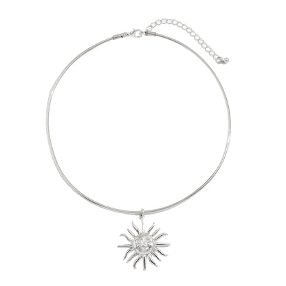 Silvertone Sun Pendant Choker, everyday style, front view