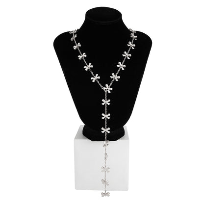 Silvertone Bow Station Lariat Necklace, botanical inspired, styled look