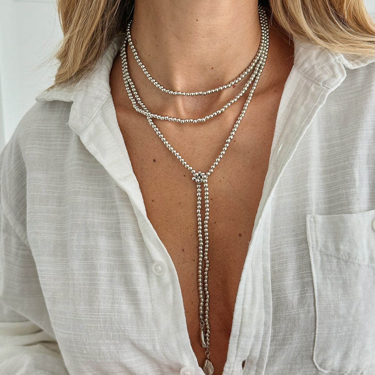 Silvertone Drop Bead Chain Necklace, elegant gift for her, lifestyle look