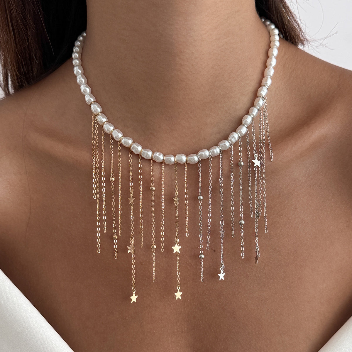 Pearl and Two Tone Star Tassel Collar Necklace, everyday style, lifestyle look