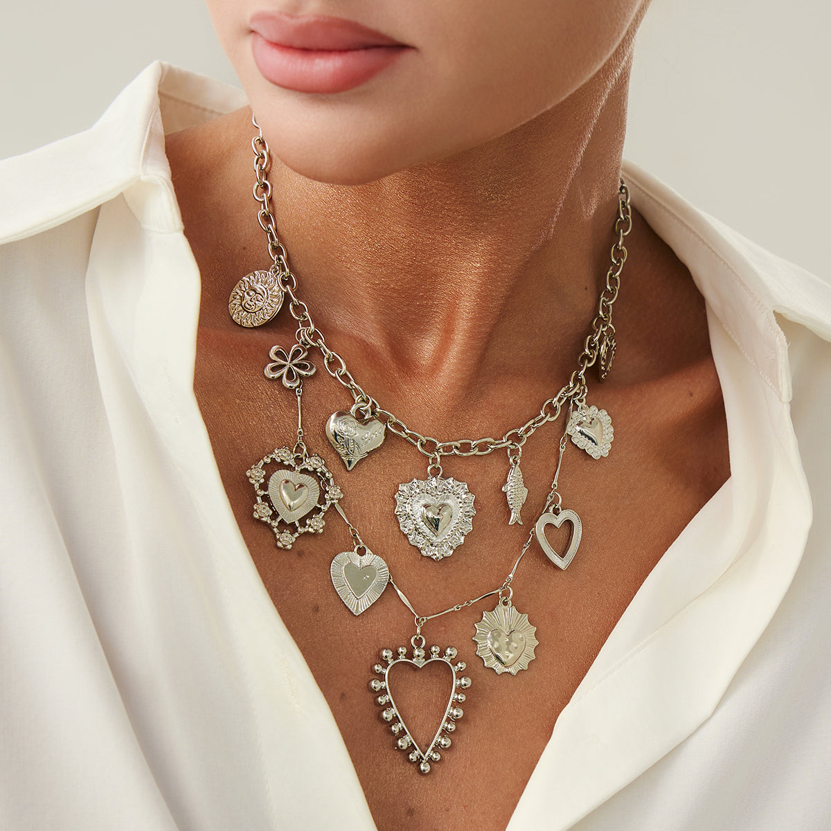 Silvertone Heart Flower Fish Statement Necklace, dainty minimalist design, styled look