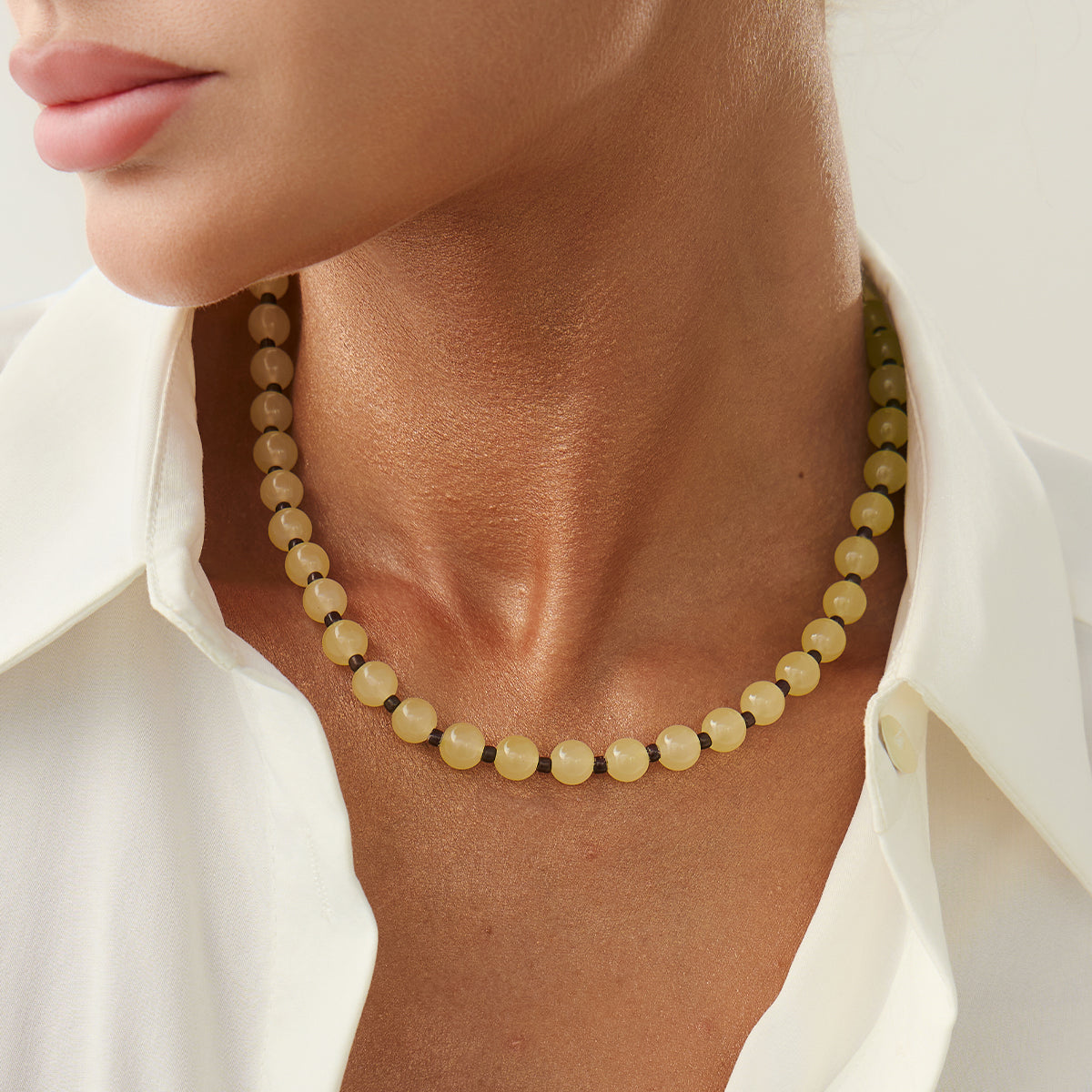 Light Yellow Jade and Silvertone Beaded Chain Collar Necklace, elegant gift for her, styled look
