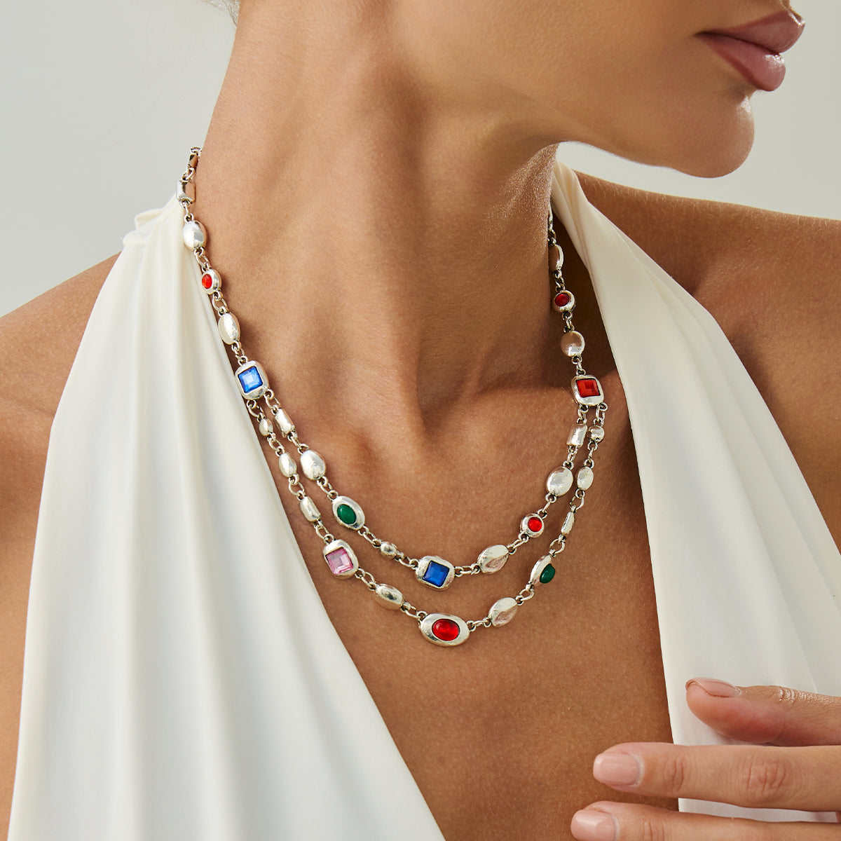 Turqouise and Silvertone Geometric Station Layered Necklace, vintage-inspired design, styled look