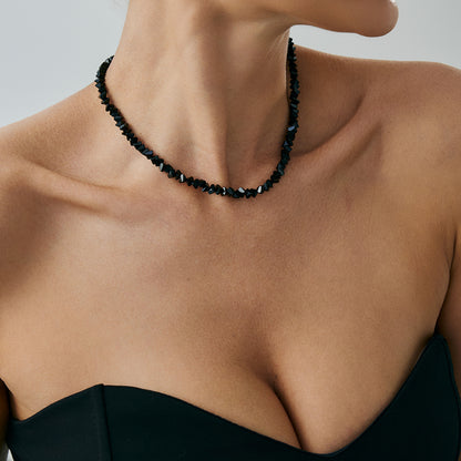 Black Acrylic and Silvertone Beaded Collar Necklace, elegant gift for her, lifestyle look