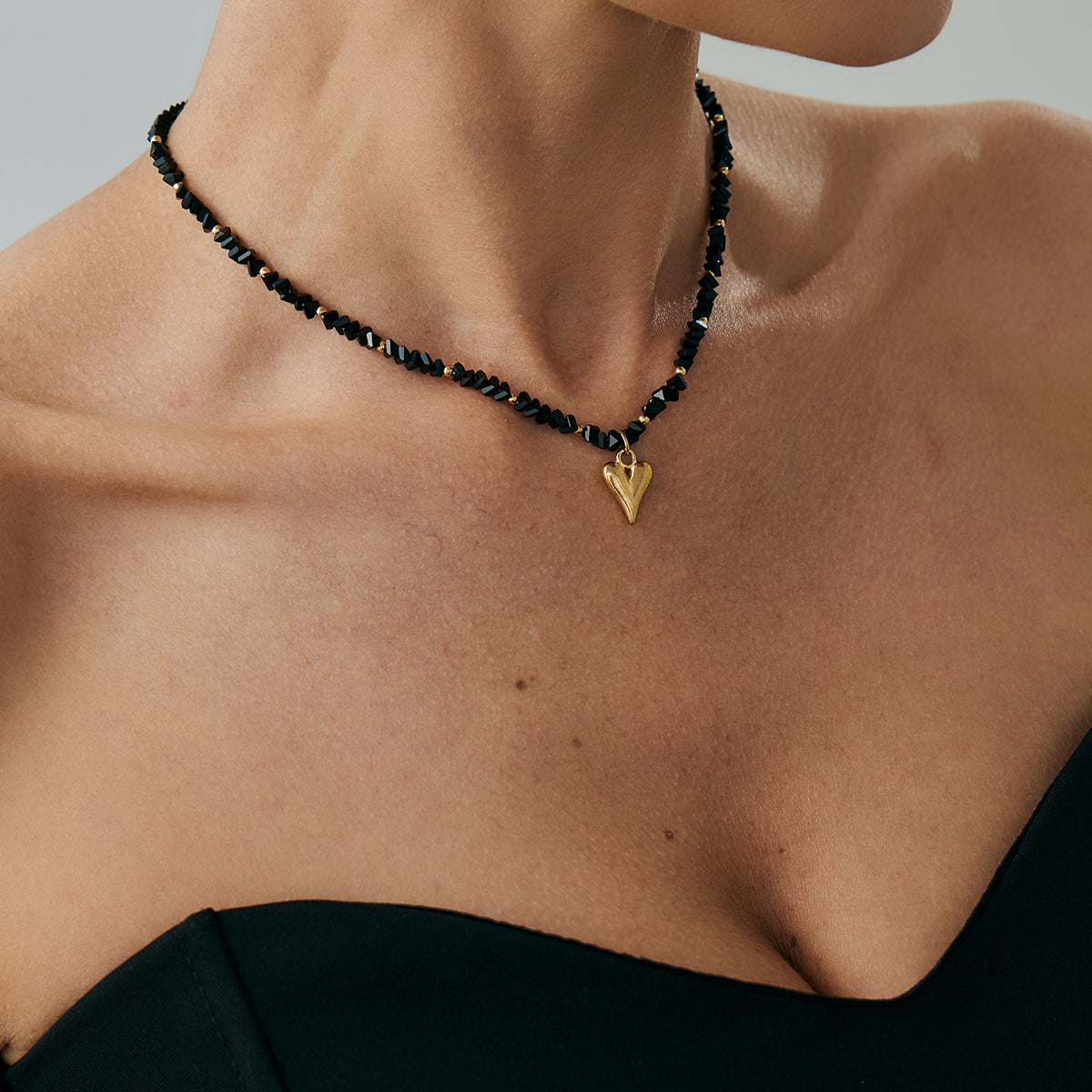 Black Acrylic and Goldtone Heart Pendant Necklace, everyday style, styled look