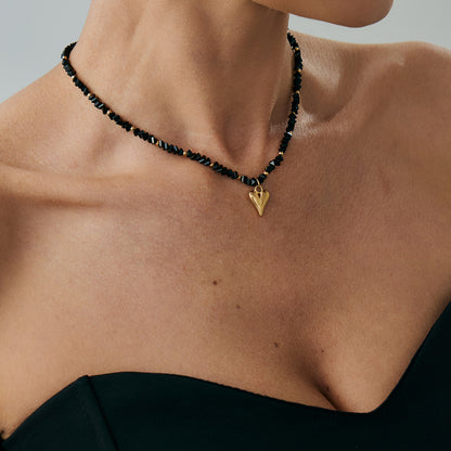Black Acrylic and Goldtone Heart Pendant Necklace, everyday style, styled look