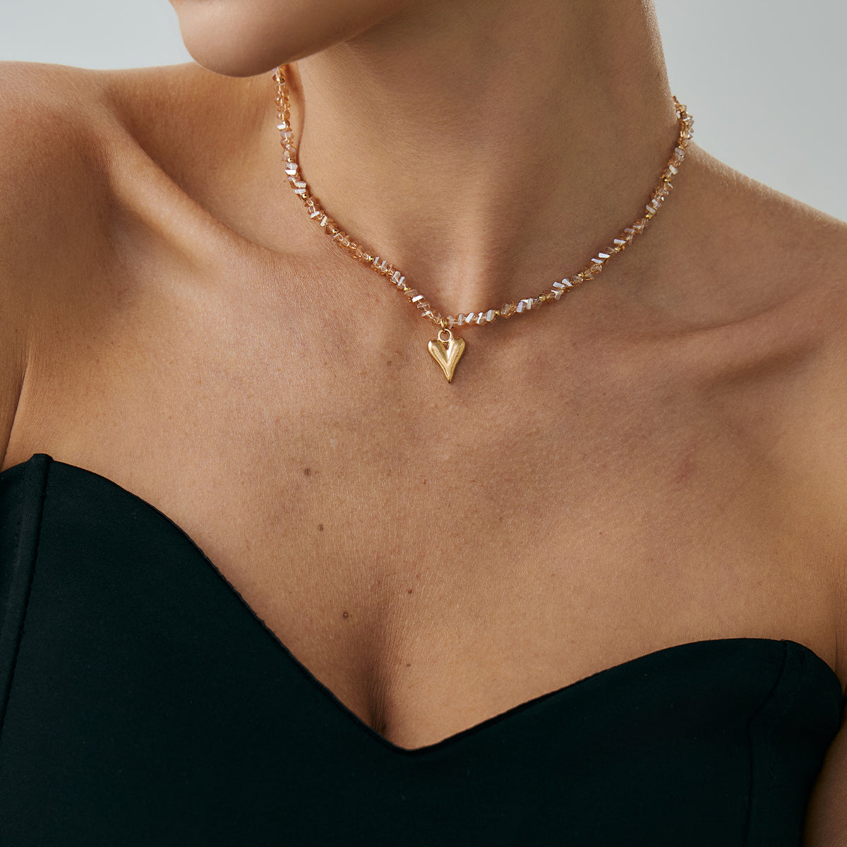 Champagne Acrylic and Goldtone Heart Pendant Necklace, botanical inspired, styled look