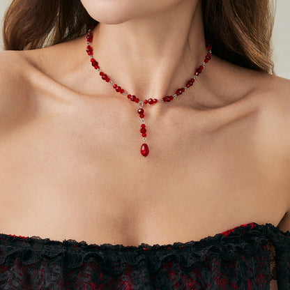 Red Acrylic and Silvertone Y-Necklace, dainty minimalist design, lifestyle look