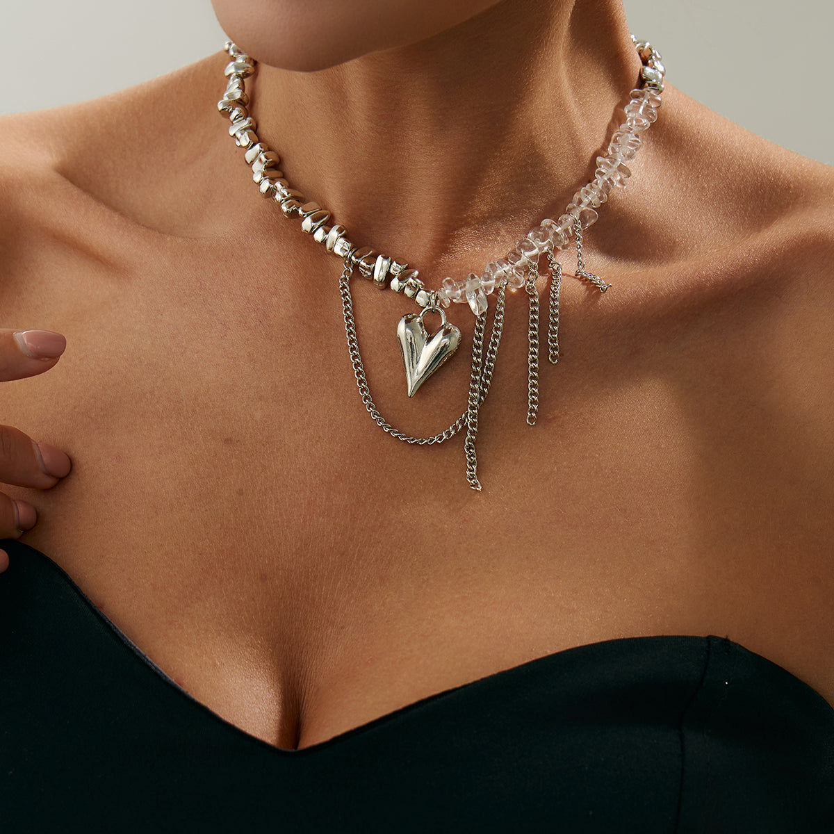 Clear Acrylic and Silvertone Heart Pendant Tassel Necklace, everyday style, styled look