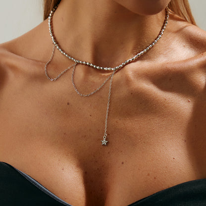 Cubic Zirconia and Silvertone Beaded Chain Star Drop Necklace, elegant gift for her, lifestyle look