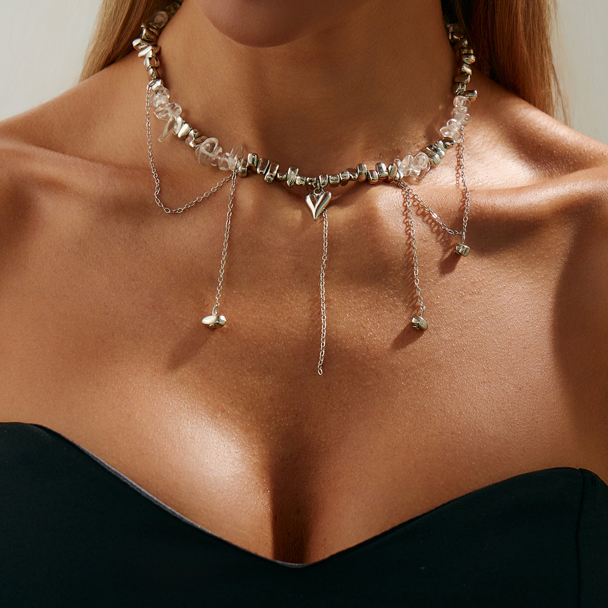 Clear Resin and Silvertone Heart Tassel Necklace, everyday style, lifestyle look