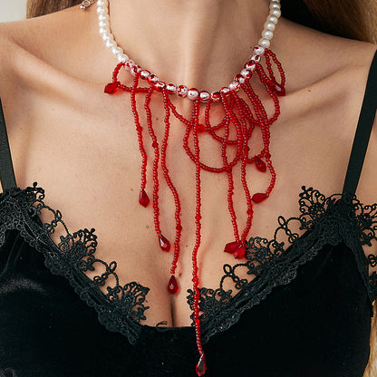 Red Acrylic and Enamel Pearl Silvertone Tassel Necklace, dainty minimalist design, styled look