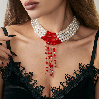 Red Acrylic and Pearl Silvertone Drop Tassel Layered Necklace, elegant gift for her, lifestyle look