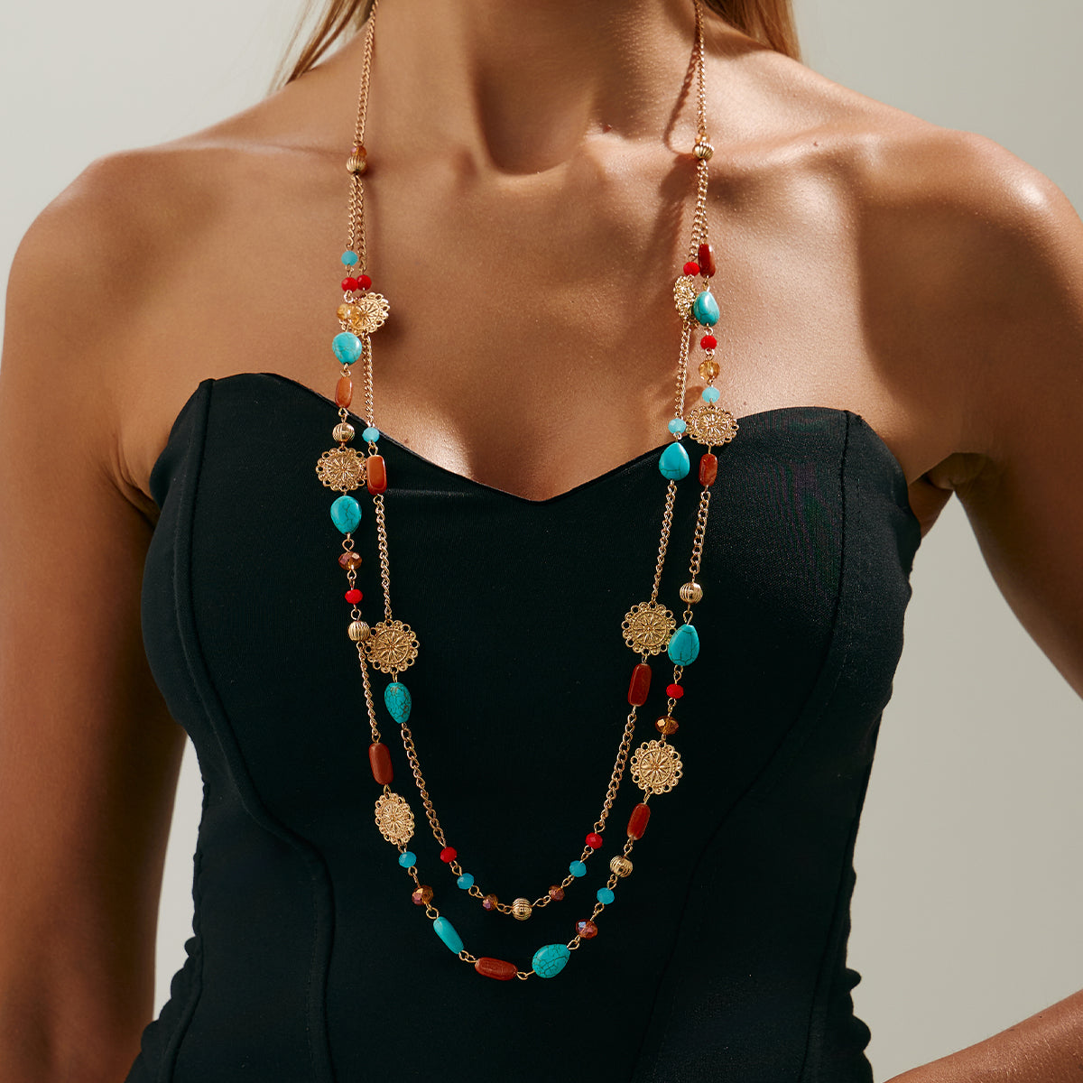 Resin and Turqouise Acrylic Goldtone Flower Plate Layered Necklace, vintage-inspired design, lifestyle look