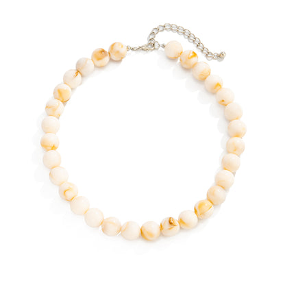 Beige Resin and Silvertone Beaded Collar Necklace, botanical inspired, front view