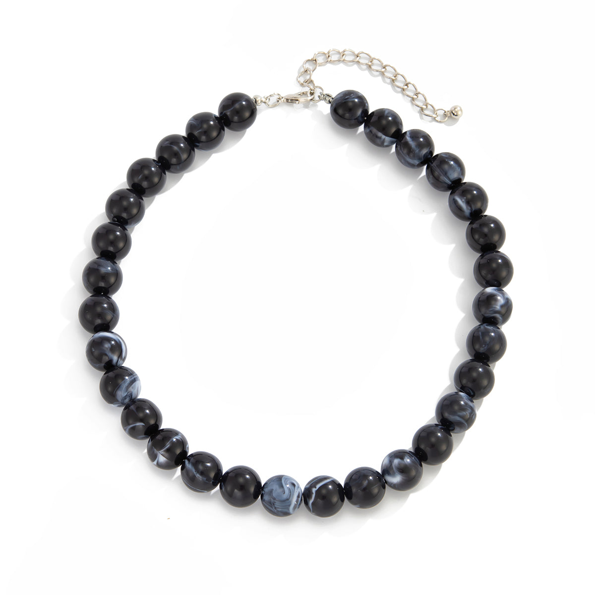 Black Resin and Silvertone Beaded Collar Necklace, elegant gift for her, front view