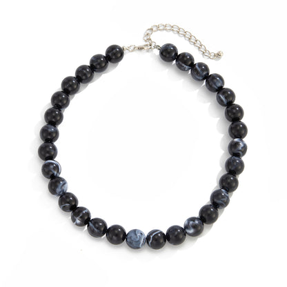 Black Resin and Silvertone Beaded Collar Necklace, elegant gift for her, front view
