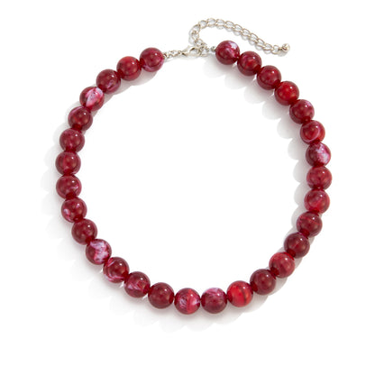 Wine Red Resin and Silvertone Beaded Collar Necklace, elegant gift for her, front view