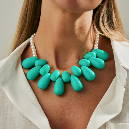 Green Resin and Pearl Silvertone Drops Collar Necklace, vintage-inspired design, styled look