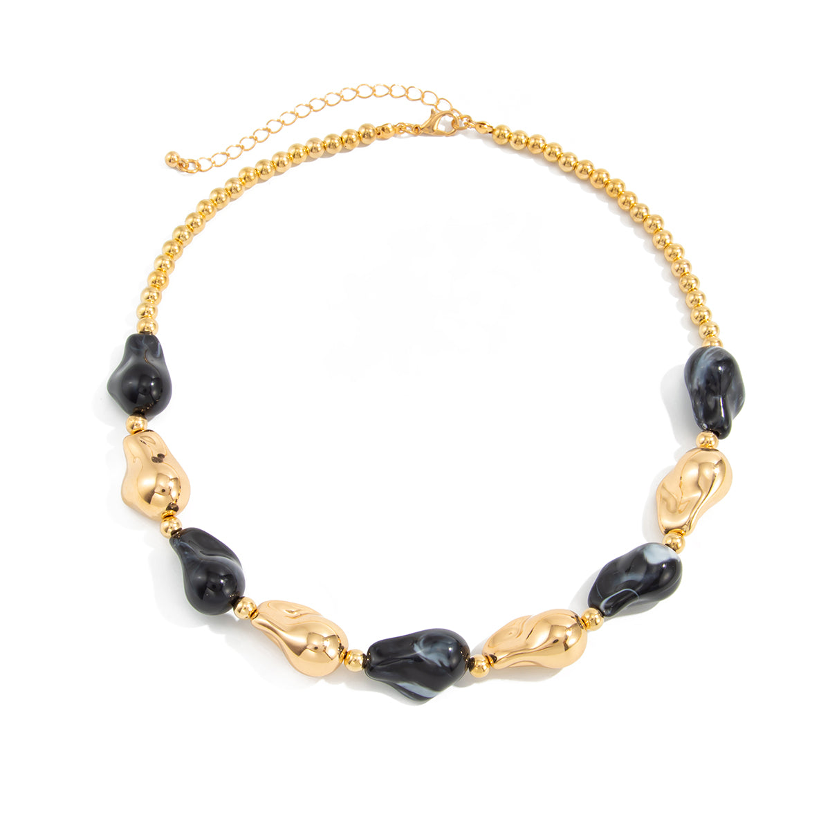 Black Resin and Goldtone Irregular Drop Station Collar Necklace, everyday style, front view