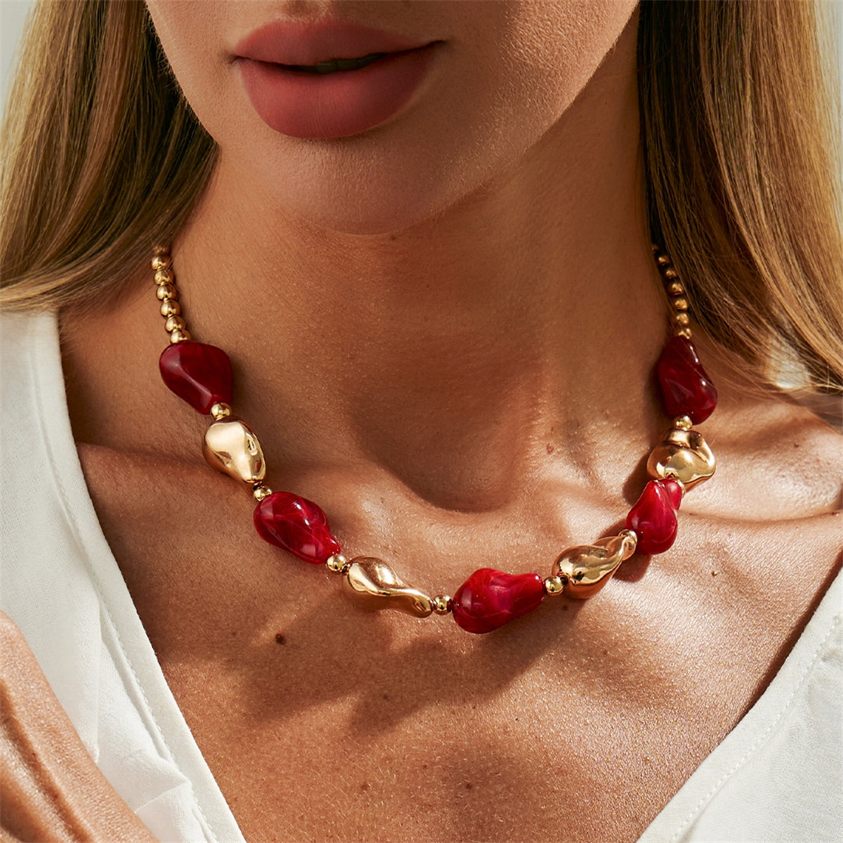 Wine Red Resin and Goldtone Irregular Drop Station Collar Necklace, dainty minimalist design, lifestyle look