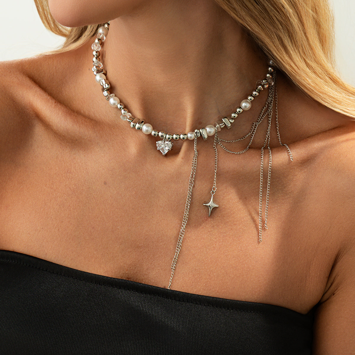 Clear Resin and Crystal Pearl Silvertone Heart Pendant Tassel Necklace, botanical inspired, lifestyle look